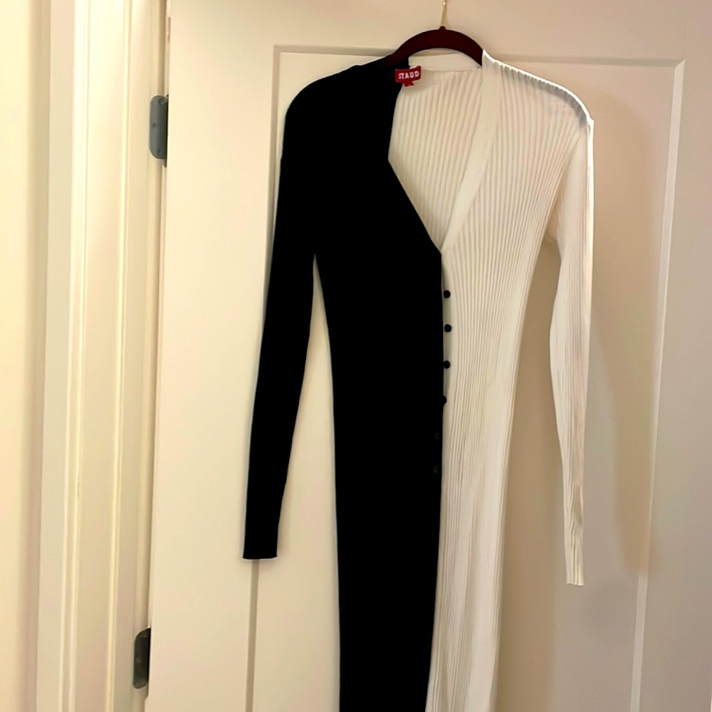 Popular Staud Shoko Colorblock Sweater Dress. Verstile classic black and white